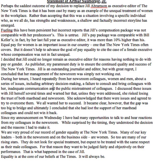 Sulzberger statement